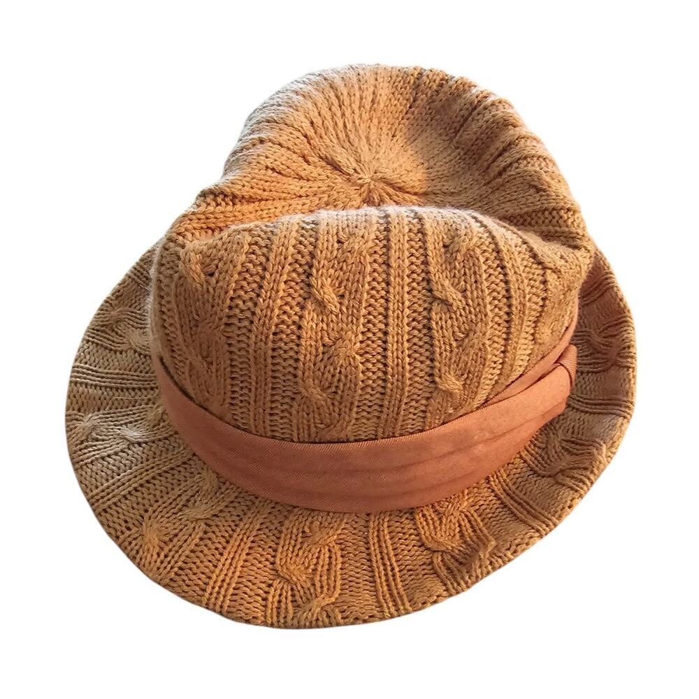Vintage Y2K Elope Mens Knit Fedora Hat Tan Cableknit